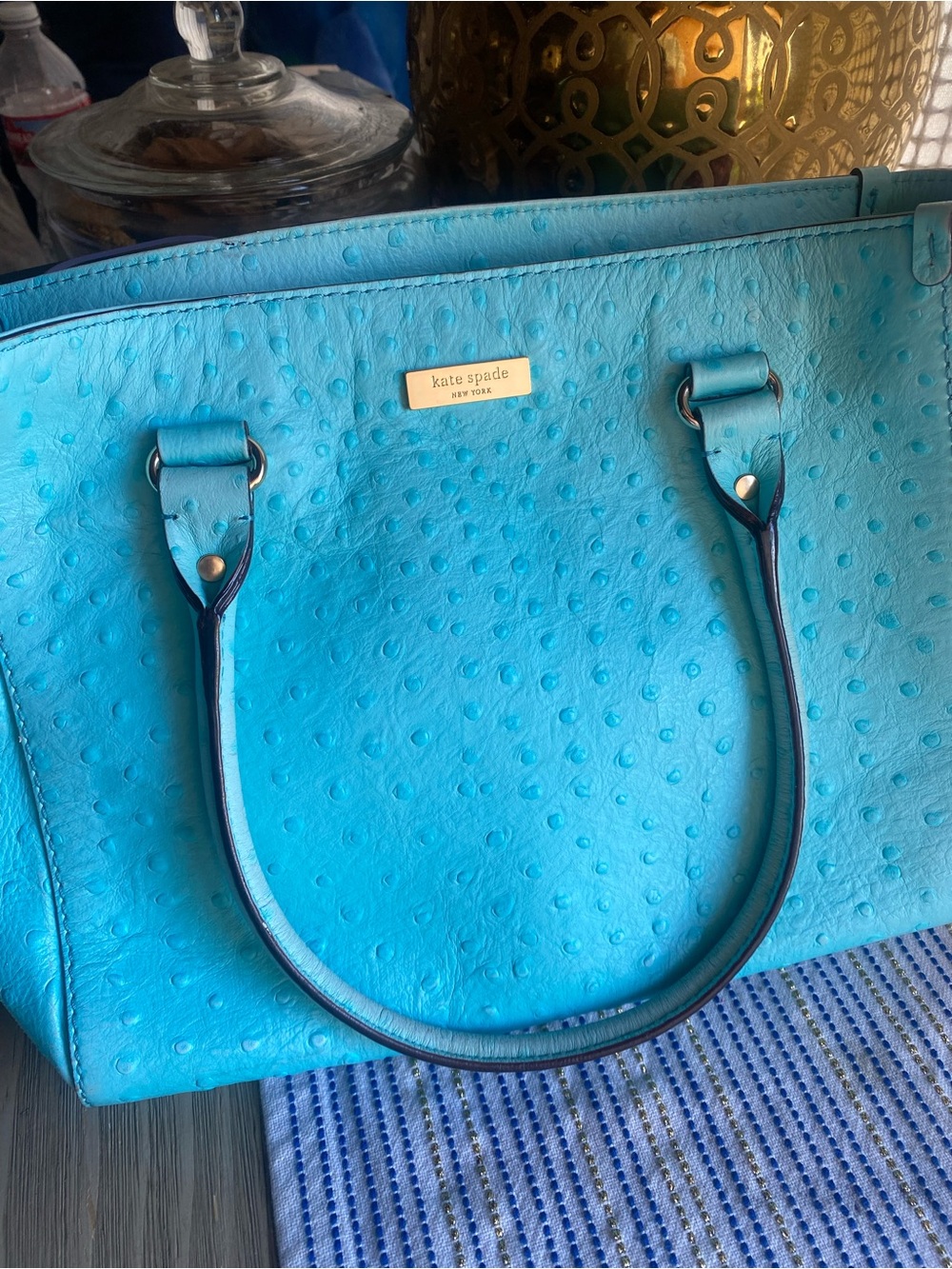 kate spade New York Ostrich Leather Turquoise Tote Bag